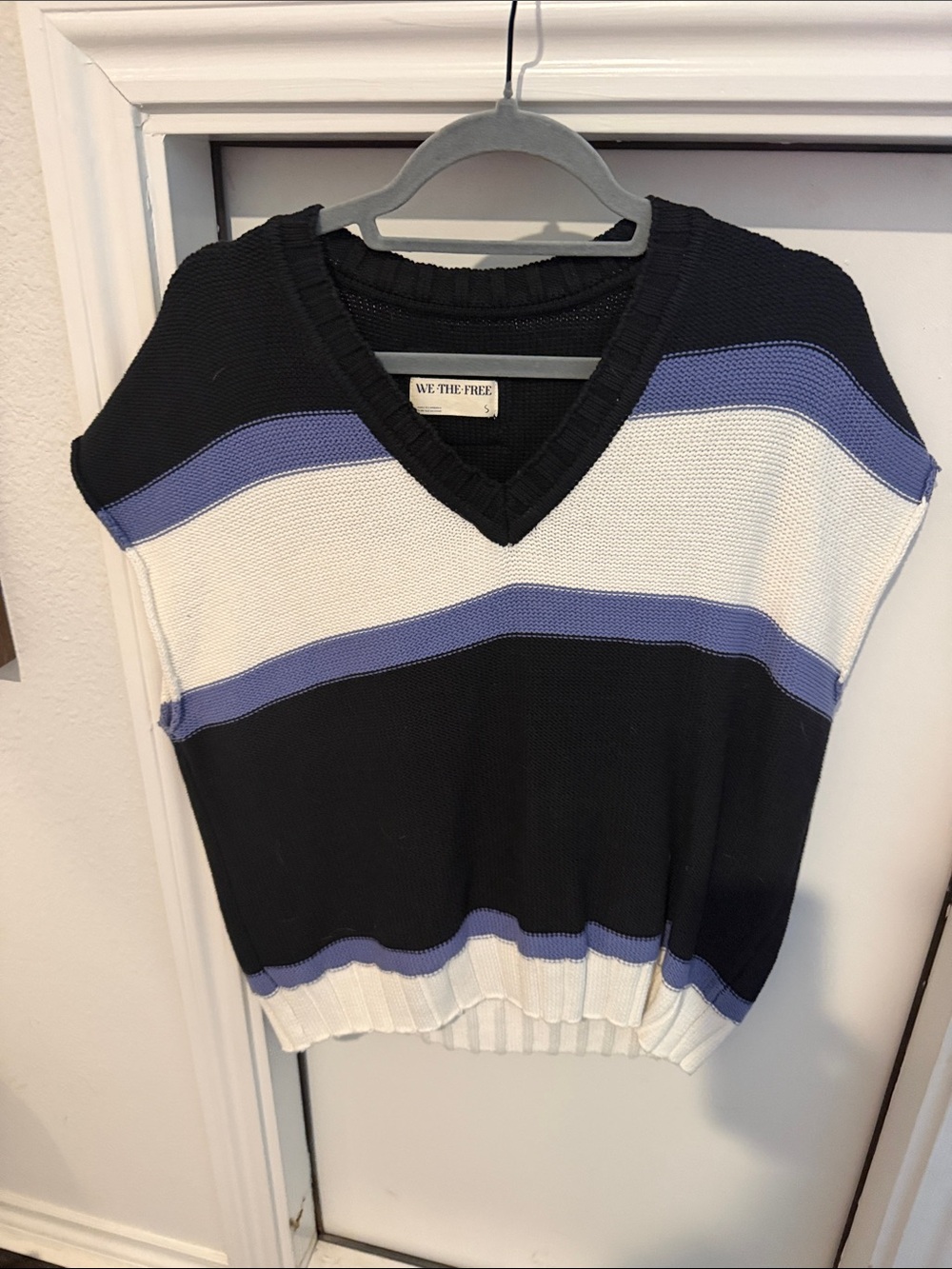 We The Free Navy, White & Blue Striped V-Neck Sweater Vest